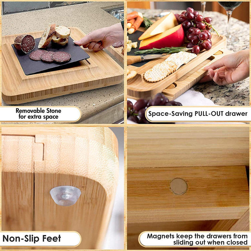 VIKUS Bamboo Cheese Board and Knife Set with Cutlery including Slate