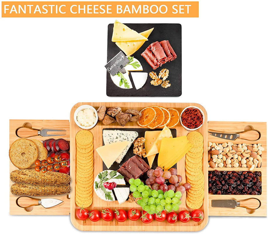 VIKUS Bamboo Cheese Board and Knife Set with Cutlery including Slate