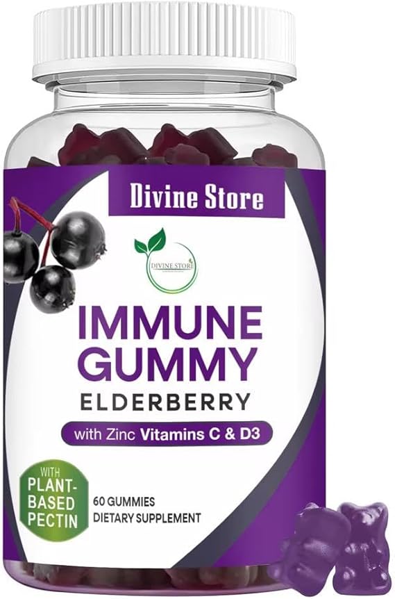 Elderberry Immune Gummies Vegan Vitamin C D3 Zinc 60 Pack Daily Health Support