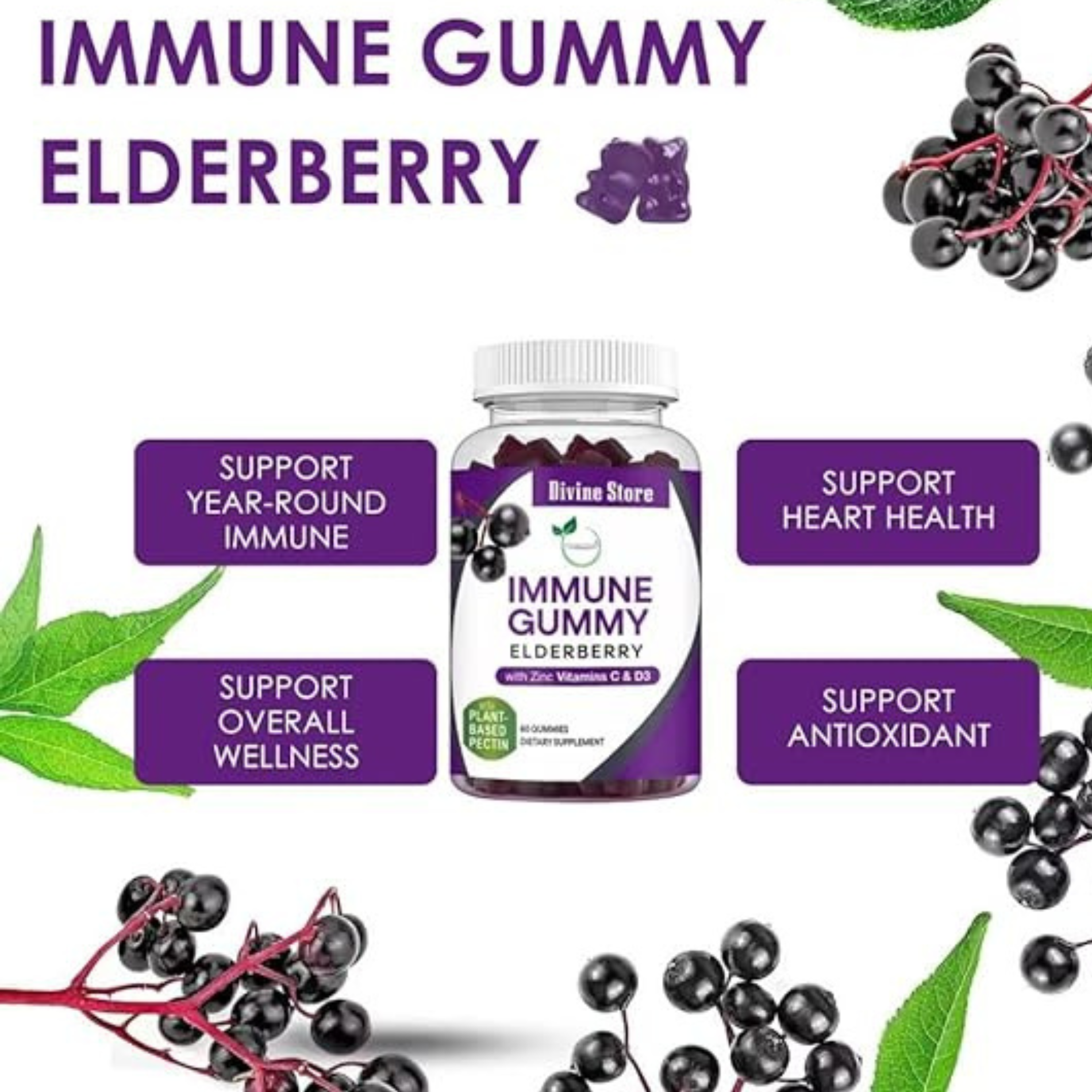 Elderberry Immune Gummies Vegan Vitamin C D3 Zinc 60 Pack Daily Health Support