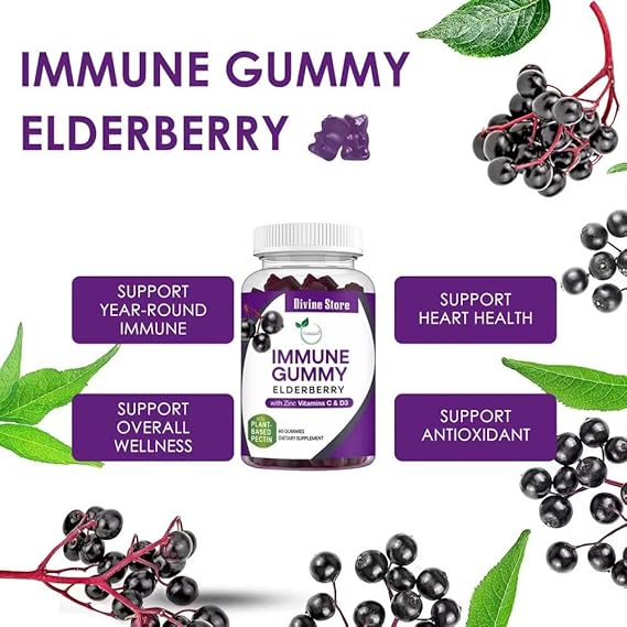 Elderberry Immune Gummies Vegan Vitamin C D3 Zinc 60 Pack Daily Health Support