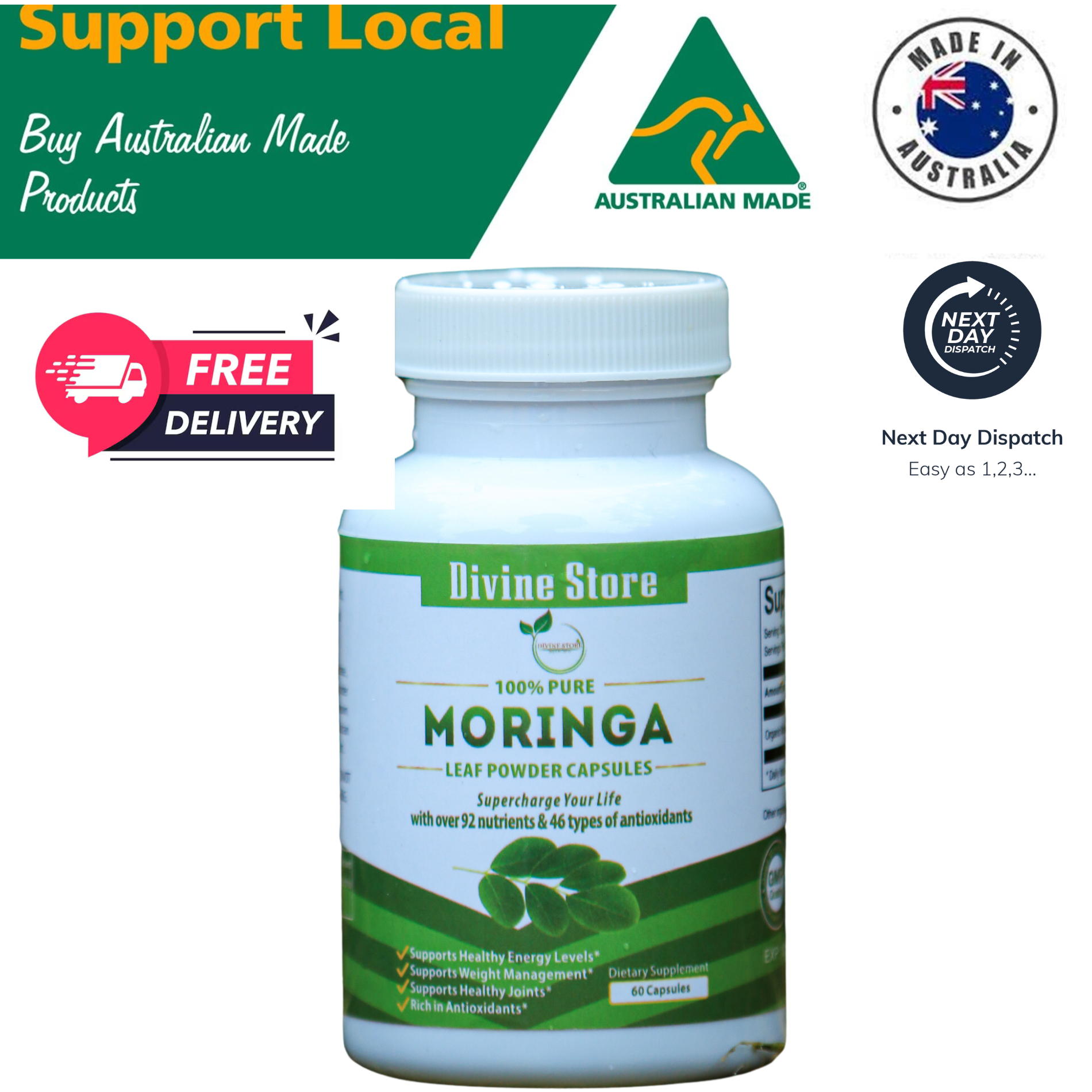Moringa Leaf Powder 60 Caps | Energy, Detox, Immune & Health Support