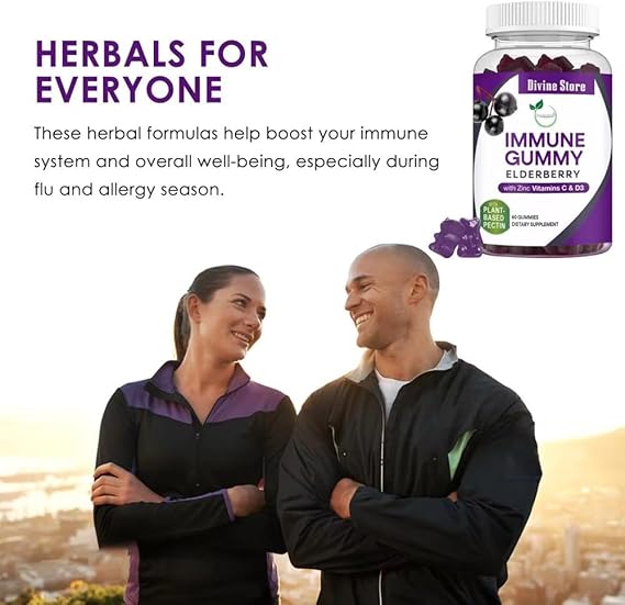 Elderberry Immune Gummies Vegan Vitamin C D3 Zinc 60 Pack Daily Health Support