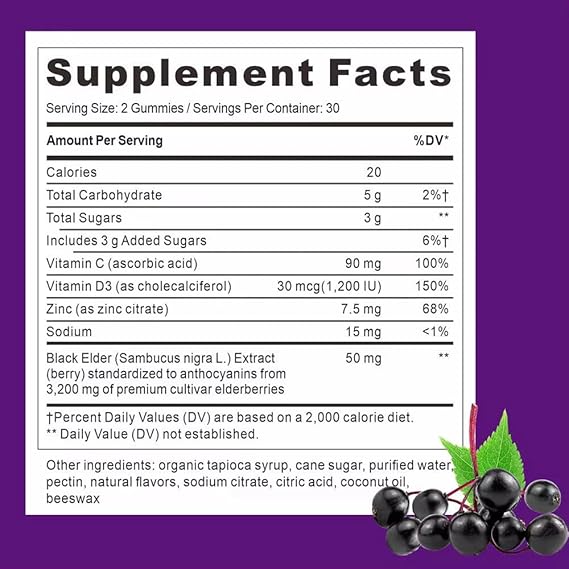 Elderberry Immune Gummies Vegan Vitamin C D3 Zinc 60 Pack Daily Health Support