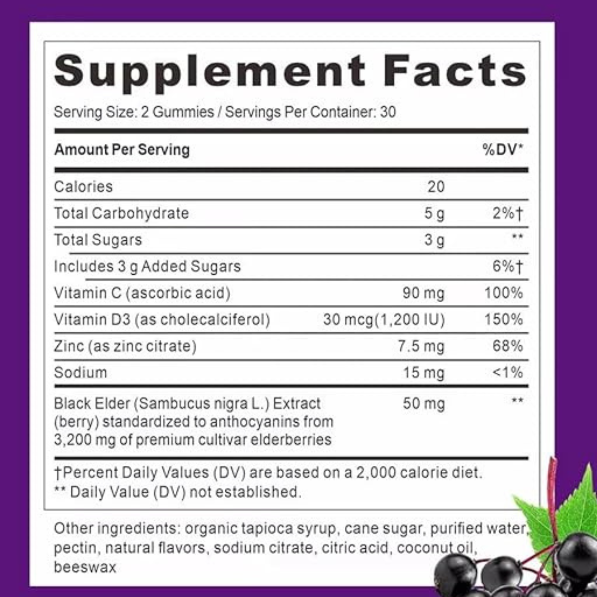 Elderberry Immune Gummies Vegan Vitamin C D3 Zinc 60 Pack Daily Health Support