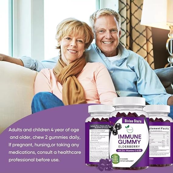 Elderberry Immune Gummies Vegan Vitamin C D3 Zinc 60 Pack Daily Health Support