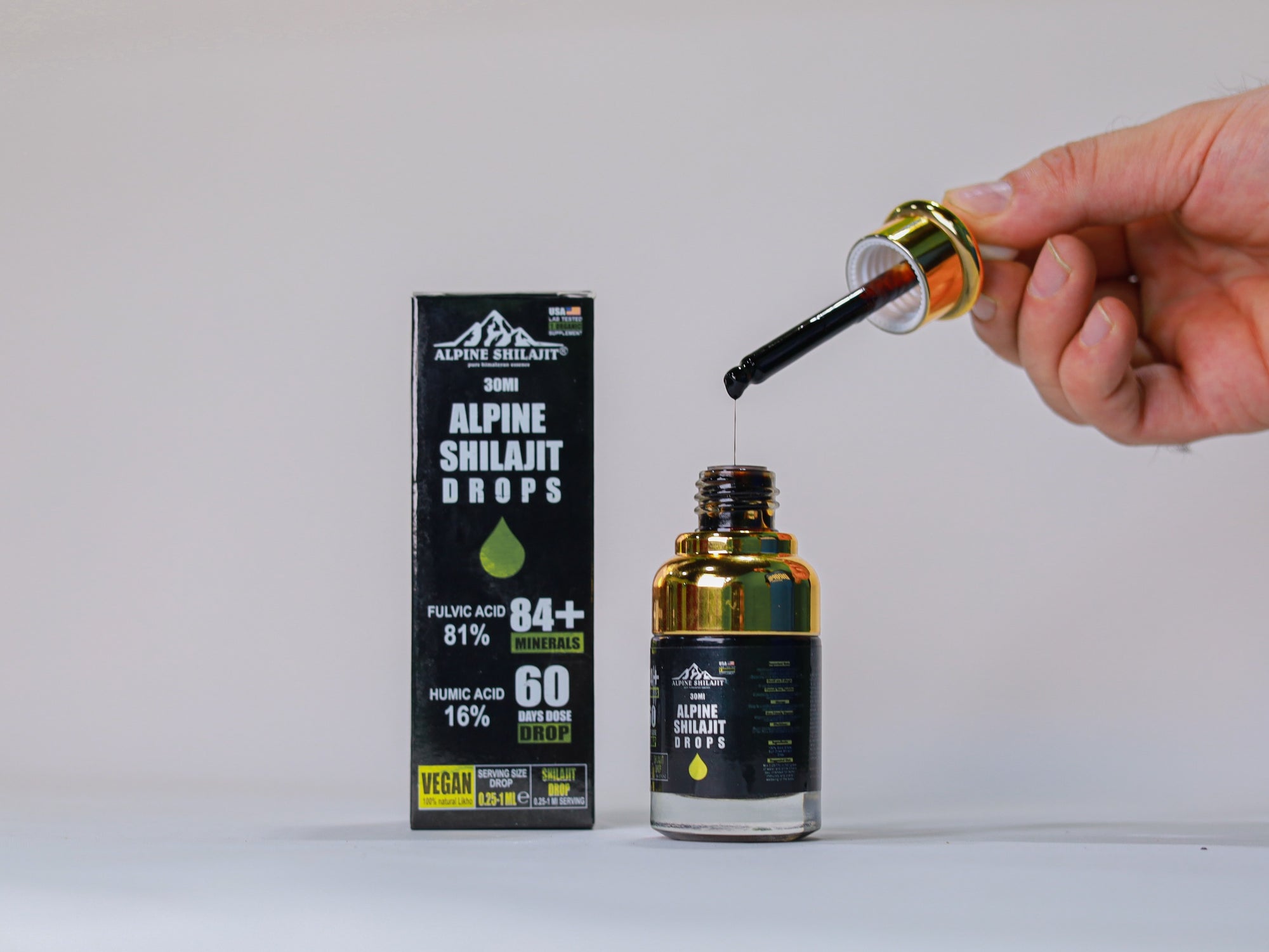 Alpine Himalayan Shilajit Drops Gold Grade 30ml Sun-Dried 85+ Minerals 70% Fulvi