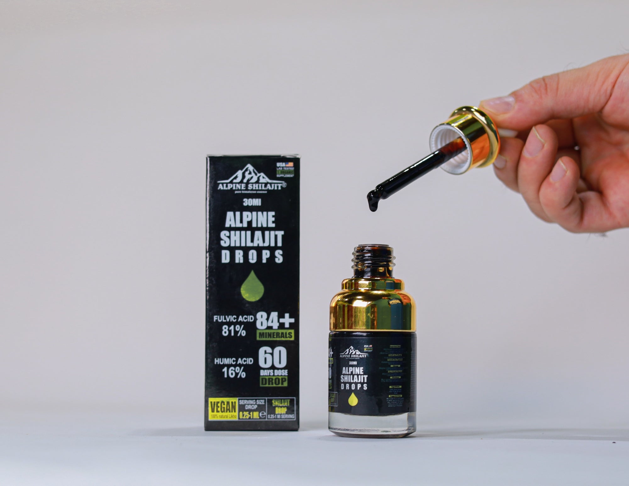 Alpine Himalayan Shilajit Drops Gold Grade 30ml Sun-Dried 85+ Minerals 70% Fulvi