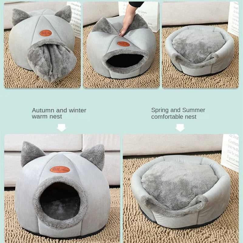 Cozy 2-in-1 Pet Home with Ears – Soft Cat House & Small Dog Bed