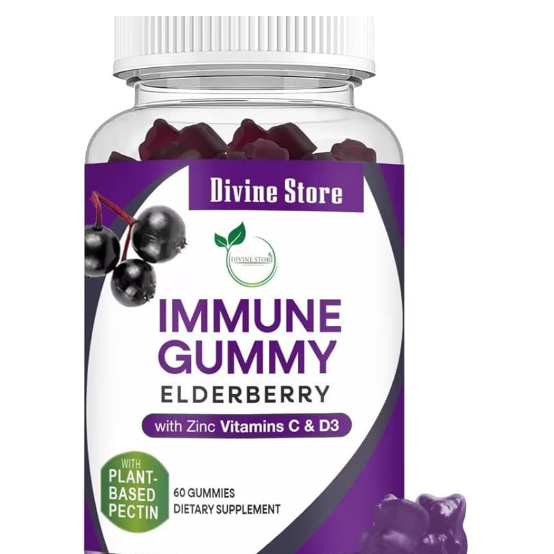 Elderberry Immune Gummies Vegan Vitamin C D3 Zinc 60 Pack Daily Health Support