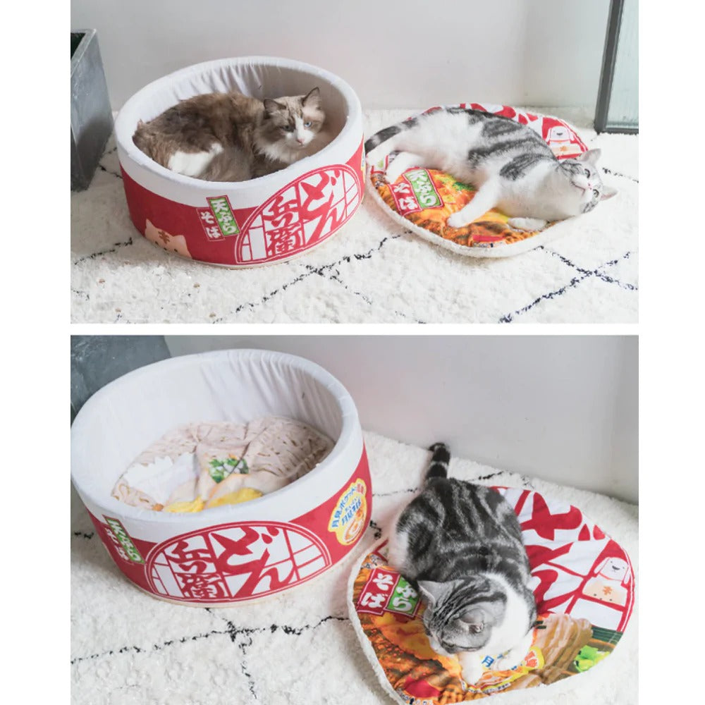 3-Piece Ramen Plush Pet Bed – Warm Cozy Cat Dog Bed with Removable Mat