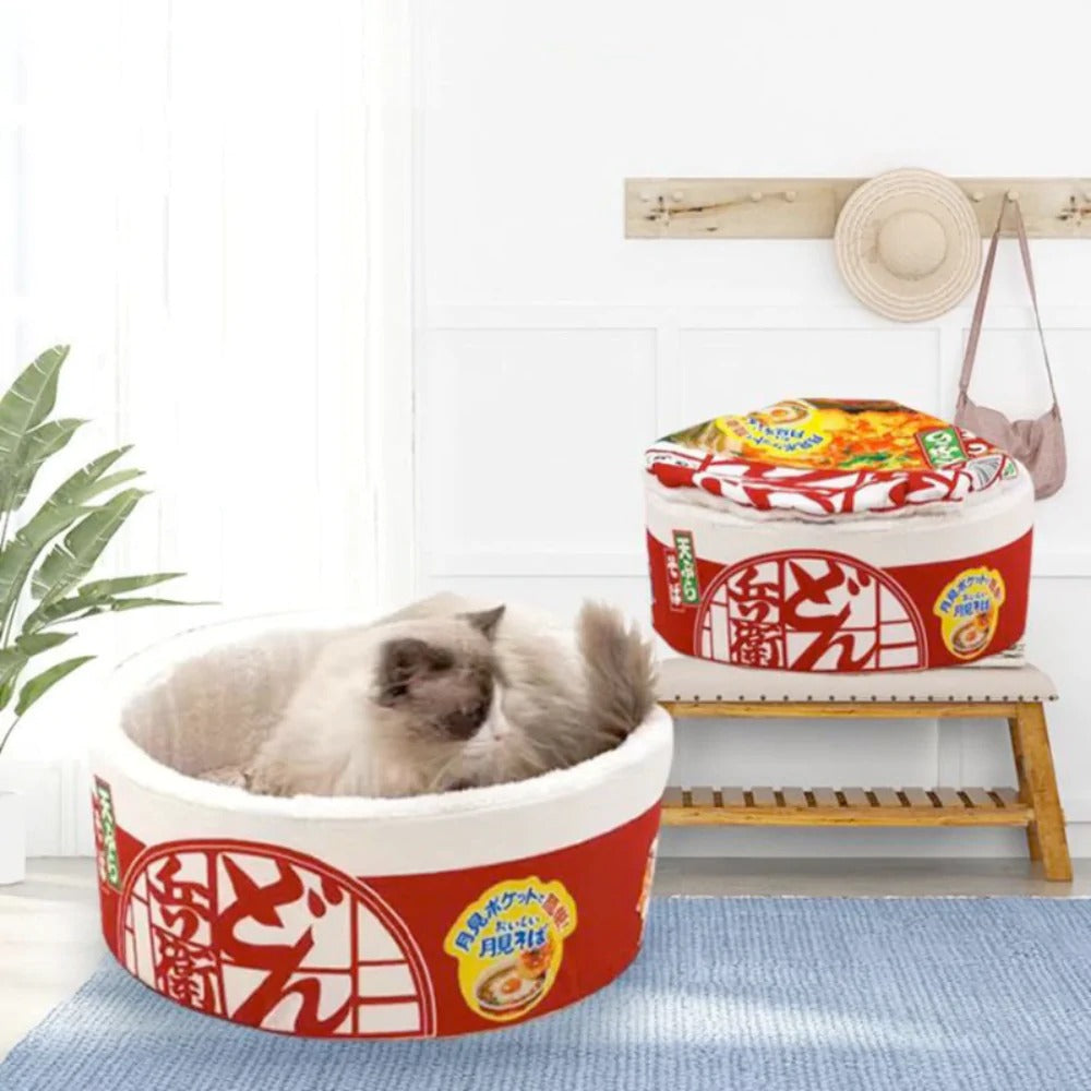 3-Piece Ramen Plush Pet Bed – Warm Cozy Cat Dog Bed with Removable Mat