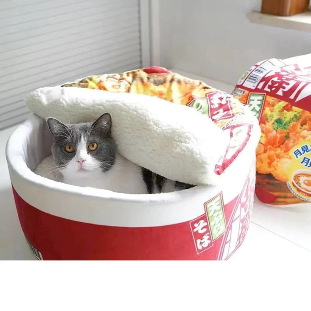 3-Piece Ramen Plush Pet Bed – Warm Cozy Cat Dog Bed with Removable Mat
