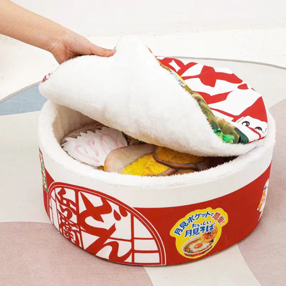 3-Piece Ramen Plush Pet Bed – Warm Cozy Cat Dog Bed with Removable Mat